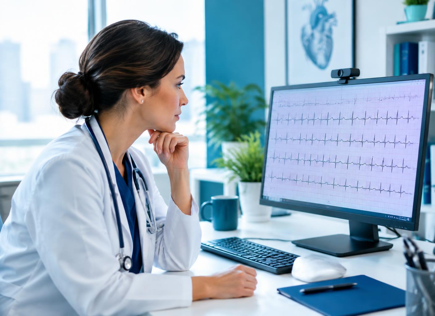 Médica analisando eletrocardiograma em tela